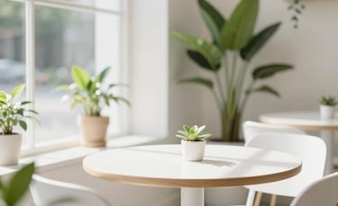 Bright, sunlit minimalist cafe interior with clean white tables, green plants, and soft natural light pouring through large windows.