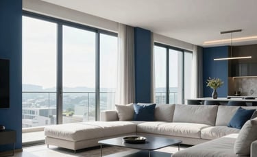 Professional architectural photography of a bright, modern living room in a high-end Brazilian apartment. Soft sunlight through large windows, clean lines, minimalist decor in steel blue and white tones, sharp focus.