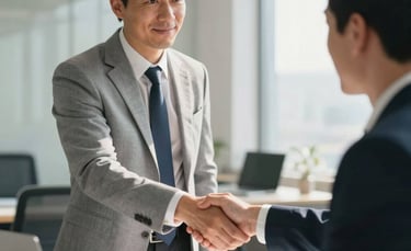 An attorney in a light grey suit shaking hands with a client in a sunlit, professional office setting in Italy.