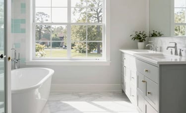 A bright and airy modern master bathroom in a North American home featuring white marble floors, a large vanity with light gray cabinetry, and natural light flooding through a large window. The atmosphere is fresh and revitalizing with subtle light aqua accents.