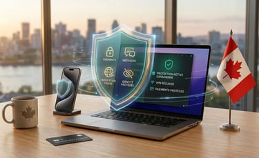 Ordinateur portable avec interface de sécurité en français Canada. Bouclier holographique montrant protection VPN & paiement.