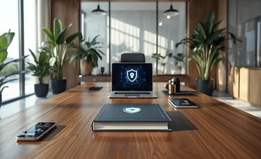 Modern luxury office desk with laptop displaying security shield, book, phone and tablet, cybersecurity theme.