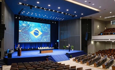 A wide-angle professional photograph of a grand congress hall in Brazil, featuring a modern stage with high-tech LED screens, elegant seating arrangement, and sophisticated ambient lighting in navy blue and silver.