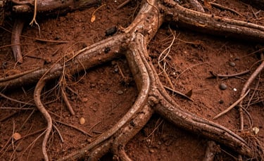A detailed photography shot of roots weaving into the earth in a North American forest, soft golden highlights, earthy terracotta and soil brown tones.