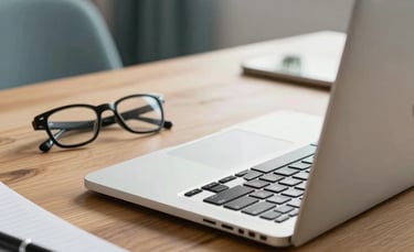 A close-up photograph of a professional workstation in a bright North American home office. A high-quality laptop is open on a clean wooden desk, with a pair of reading glasses and a notepad nearby. The lighting is soft and natural, emphasizing a sense of productivity and focused work, with hints of muted teal and light blue-grey in the decor.