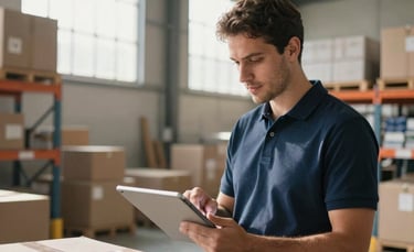 A professional and clean interior of a modern Brazilian warehouse. Sunlight filters through high windows onto organized storage racks. A focused logistics manager in a navy blue polo shirt is checking a digital tablet near shipping boxes. Sharp, realistic photography, medium shot.