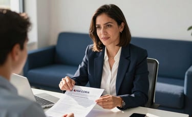A professional South American / Colombian consultant in a bright, modern office with dark blue furniture, explaining visa application documents to a client, warm morning sunlight, professional high-end photography.