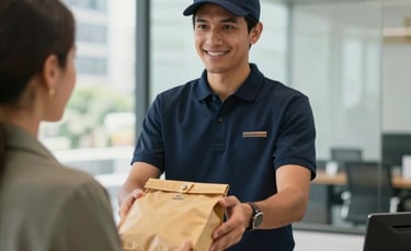A professional delivery courier in a dark navy blue uniform handing a secure tan gold document pouch to a receptionist in a bright, modern glass-walled office lobby in a South American / Brazilian business district. Natural light, professional atmosphere.