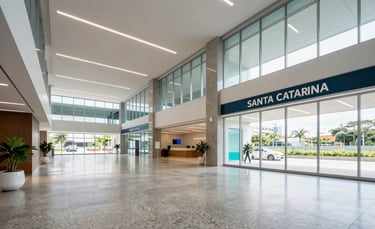 A professional wide-angle photograph of a modern, high-tech commercial building lobby in Santa Catarina, Brazil. The interior features polished slate gray floors, clean minimalist lines, and bright natural lighting from large glass windows. Professional South American business atmosphere with subtle cyan and orange accents in the decor.