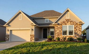 A bright and inviting photograph of a classic North American suburban home with a manicured green lawn and a clear blue sky, exuding a sense of security and reliability. The architecture is traditional with neutral siding and a stone accent wall, shot during the golden hour with soft, warm sunlight.