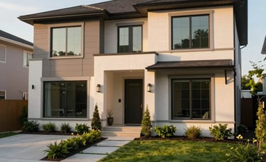 A high-end modern residential home in a North American suburb with clean lines and large windows, captured during the golden hour with soft sunlight hitting the sage green landscaping, wide-angle architectural photography.
