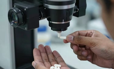 Close-up photograph of medical tablets being inspected by a automated vision system in a high-tech pharmaceutical plant in South Asia.