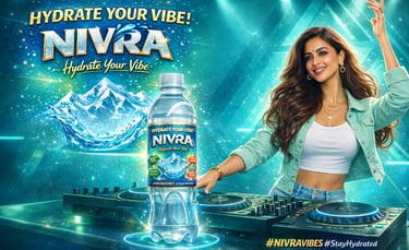 A stylish woman DJing next to a Nivra bottled water under neon lights with the slogan Hydrate Your Vibe.