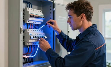A professional North American electrician in a navy blue uniform troubleshooting a complex residential breaker panel in an Orlando home. The scene is illuminated by dynamic electric blue lighting to signify energy flow, sharp focus, professional photography style.