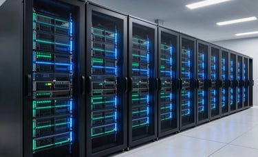 A high-end modern data center with glowing blue and teal server racks, wide angle shot, clean and sophisticated atmosphere, South American / Brazilian professional setting.