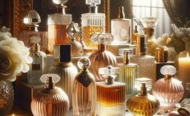 A collection of luxury crystal perfume bottles on a vanity with elegant warm lighting.