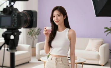 A vibrant photography shot of a professional influencer filming a lifestyle video in a modern, sun-drenched studio in the Korean and Indonesian Markets. The setting features sleek furniture and high-end equipment. Background colors include soft white and lavender. Sharp focus, professional lighting.