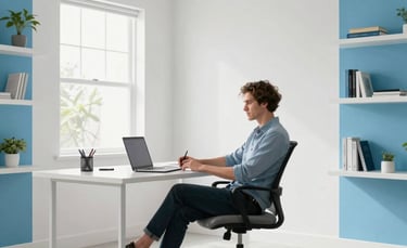 A high-key professional photograph of a bright, modern North American home office. A person is sitting at a desk with a laptop, looking relaxed while working. The room features white walls and subtle bright blue decor accents.