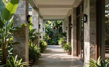 Photography of an open-air corridor in a Vietnamese luxury retreat, biophilic design with lush plants, natural stone, and soft shadows, serene atmosphere.