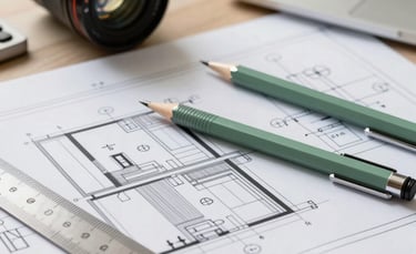 Professional photography of a technical blueprint for a modern house interior, highlighting electrical circuit symbols. Precision tools like a mechanical pencil and a ruler lie on the paper in a clean office environment. Bright, natural lighting. South American / Brazilian professional setting. Brand colors integrated via Sage Green and Silver accents.