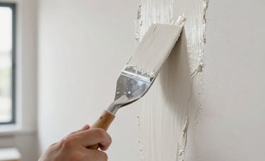 A professional Brazilian painter using a metal spatula to apply a smooth layer of off-white plaster to a wall in a modern apartment. Sharp focus on the texture of the wall, bright natural lighting, professional tools, clean aesthetic.