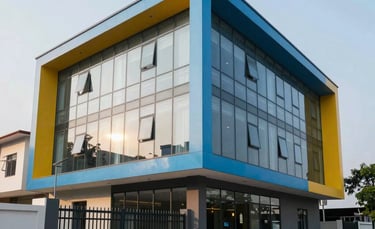 Architectural photography of the Aurum Sky Kidz exterior in Rudrapur. Modern building with large glass windows, sky blue and mustard yellow facade accents, and a safe, gated entrance.
