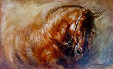 Pintura al óleo sobre papel que retrata la cabeza de un caballo castaño con estilo expresionista y pinceladas dinámicas.