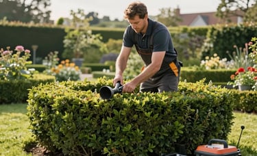 A professional gardener in work attire meticulously trimming a large ornamental hedge in a Central European garden. The scene is bright with soft morning light, showing lush green lawns and professional equipment. High-quality photography with a clean, reliable atmosphere.