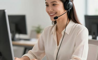 A South American / Brazilian customer support professional wearing a sleek headset, smiling warmly in a bright, modern office setting. On the desk, a small, elegant plate of traditional brigadeiros adds a confectionery touch. Professional photography, soft morning light, palette includes off-white and soft peach.