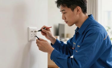 A professional electrician in a clean uniform carefully troubleshooting a wall outlet in a bright, modern North American living room. The lighting is soft and natural, emphasizing safety and care. Soft blue and off-white tones.