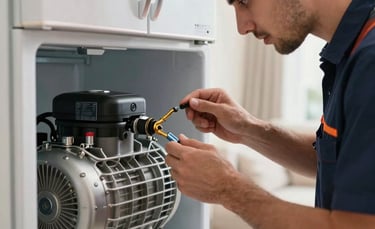 Close-up of a professional technician's hands in a navy blue uniform using tools to inspect the compressor of a modern refrigerator, bright Middle Eastern / Gulf home setting, sharp focus, expert mood.