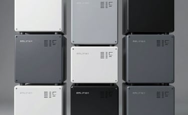 A clean, organized shelf with various electronic products in a bright room
