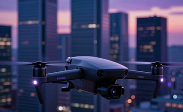 A high-end professional drone capturing cinematic footage of a modern European city at dusk. The drone is sleek, dark, and glowing with subtle purple lights. The background shows a futuristic skyline with deep blue and violet tones, high contrast, luxury tech aesthetic, Apple-style lighting.