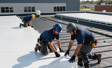 A professional roofing crew in industrial workwear installing a white TPO flat roof membrane on a modern commercial building in New Jersey. Mid-day sun, clean industrial lines, featuring dark gray and blue tones.