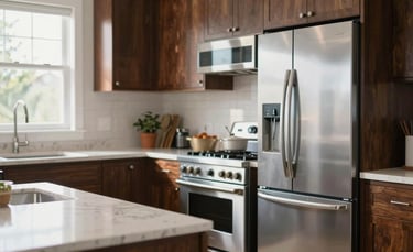 High-end modern kitchen renovation in a North American / Hispanic home. Close-up of quartz countertops, stainless steel appliances, and sleek dark wood cabinetry. Bright, natural morning light, professional architectural photography style with accents of white and steel blue.