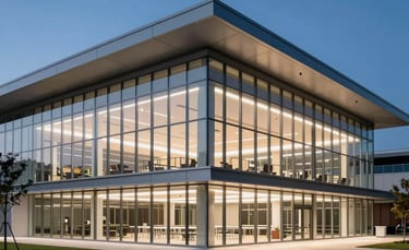 Exterior architecture of a modern sports performance center in North American / US, sleek glass and steel structure with soft white and deep blue evening lighting, professional and premium feel.