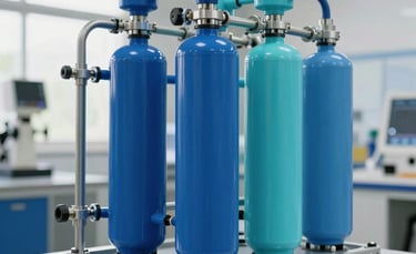 A professional, high-tech indoor water purification system with cobalt blue and maya blue components. Clean, modern industrial design in a bright Mexican facility. Sharp focus, soft natural lighting, reflecting a sense of safety and purity.