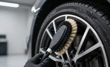 A close-up photograph of a high-end luxury car wheel being meticulously cleaned with a specialized soft-bristle brush in a modern, minimalist French garage. Water droplets are captured in sharp focus against a silver and black rim. The lighting is sophisticated and professional, emphasizing textures.
