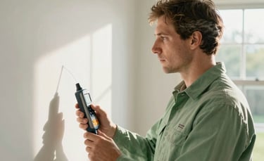 A professional environmental expert in North American / US attire using a moisture detection device on a residential wall. The scene is bright and clean with soft morning light, emphasizing a sense of safety and professional home inspection. Soft green and white color palette.