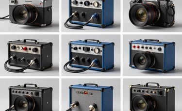 A collage of professional audio equipment, cables, and amplifiers arranged artistically on a light grey surface, steel blue accents, professional photography.