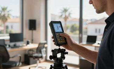 A professional acoustics engineer using a precision sound level meter on a tripod in a modern commercial space in Malaga, natural sunlight streaming through windows, professional and technical atmosphere, Southern European setting.