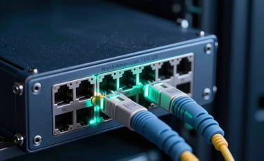 A professional close-up photograph of high-end networking hardware with glowing fiber optic connections, deep navy and teal ambient lighting, minimalist and technical aesthetic, North American / US data center environment.