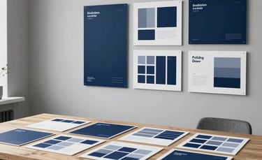 Wide-angle, high-end photography of a minimalist design studio in a North American city. Strategic mood with soft natural lighting, featuring a clean wooden table with brand style guides and professional mood boards. The atmosphere is sophisticated and innovative, using a color palette of deep blue and light grey.