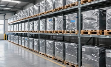 A wide-angle professional photograph of a clean, modern warehouse in a Central European industrial district. Organized steel racks filled with industrial pallets. Bright daylight from high windows, highlighting a silver and charcoal grey color palette with blue accents.