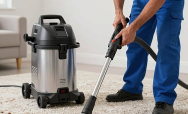 Professional restoration technician in a North American / US (Miami, Florida) home using a high-powered industrial water extractor on a soaked carpet. The scene is lit with bright, clear light, highlighting the efficient, modern equipment and the technician's expert focus. Professional steel blue and white uniform.