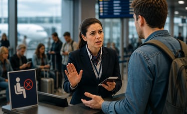Passageiro frustrado no aeroporto sendo informado que não pode embarcar por overbooking