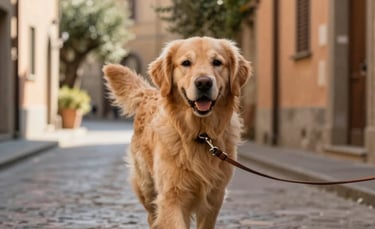 A happy golden retriever on a leather leash walking along a narrow cobblestone street in Fiesole, Italy. Warm morning sunlight illuminates the terracotta buildings and sage green olive trees in the background. Professional photography, soft bokeh.