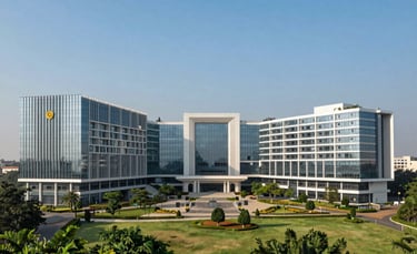 A wide-angle professional photograph of a grand, modern private university campus in India, featuring contemporary glass buildings mixed with traditional South Asian architectural elements, set against a clear blue sky with lush green landscaping.