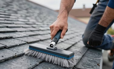 Professional roofer in work clothes performing maintenance on a traditional slate roof of a European French house, focus on hands using a specialized cleaning tool, soft daylight, premium craftsmanship atmosphere, muted blue and grey tones.