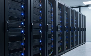 A professional photography of a modern, brightly lit server room in a North American corporate data center. The scene features rows of sleek dark black server racks with subtle blue glowing status lights, organized cables, and a polished light gray floor, conveying stability and technical expertise.